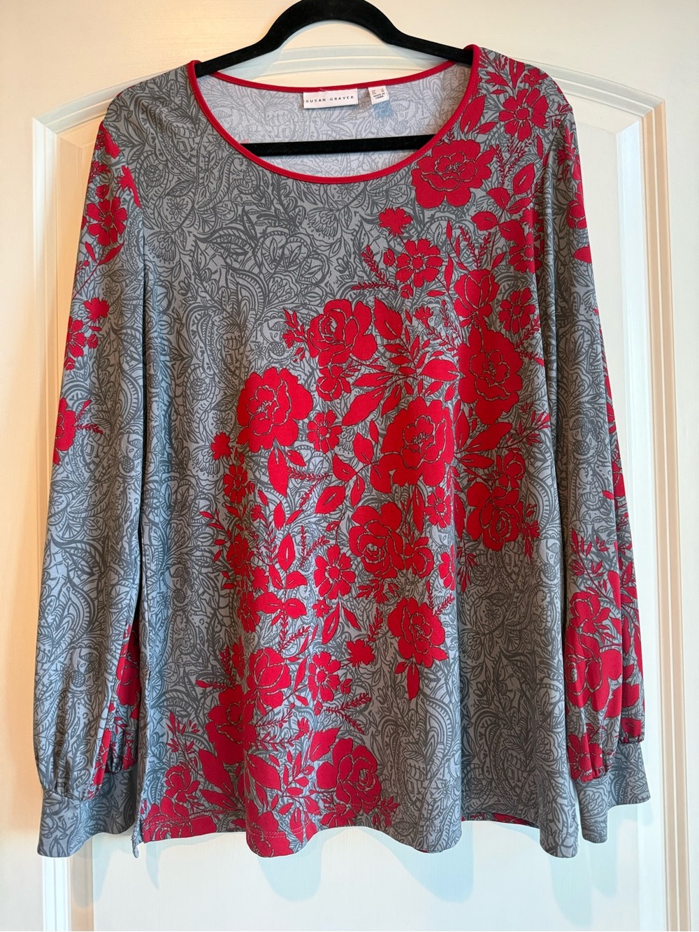 Susan Graver Grey Long-Sleeve Top with Red Floral Print